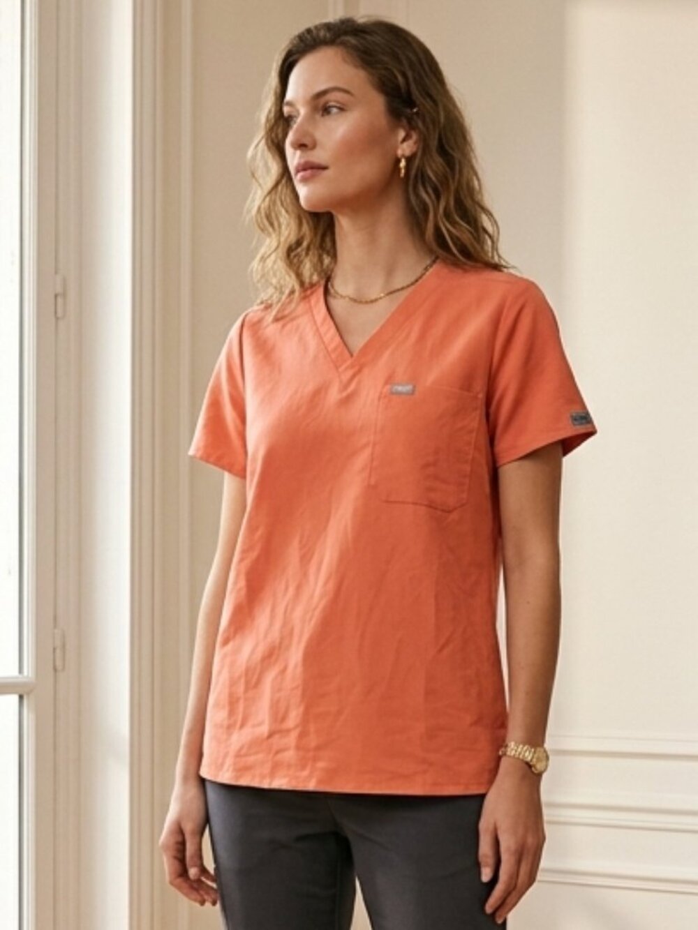 FIGS Pumpkin Catarina V-Neck Scrub Top Size Large Petite